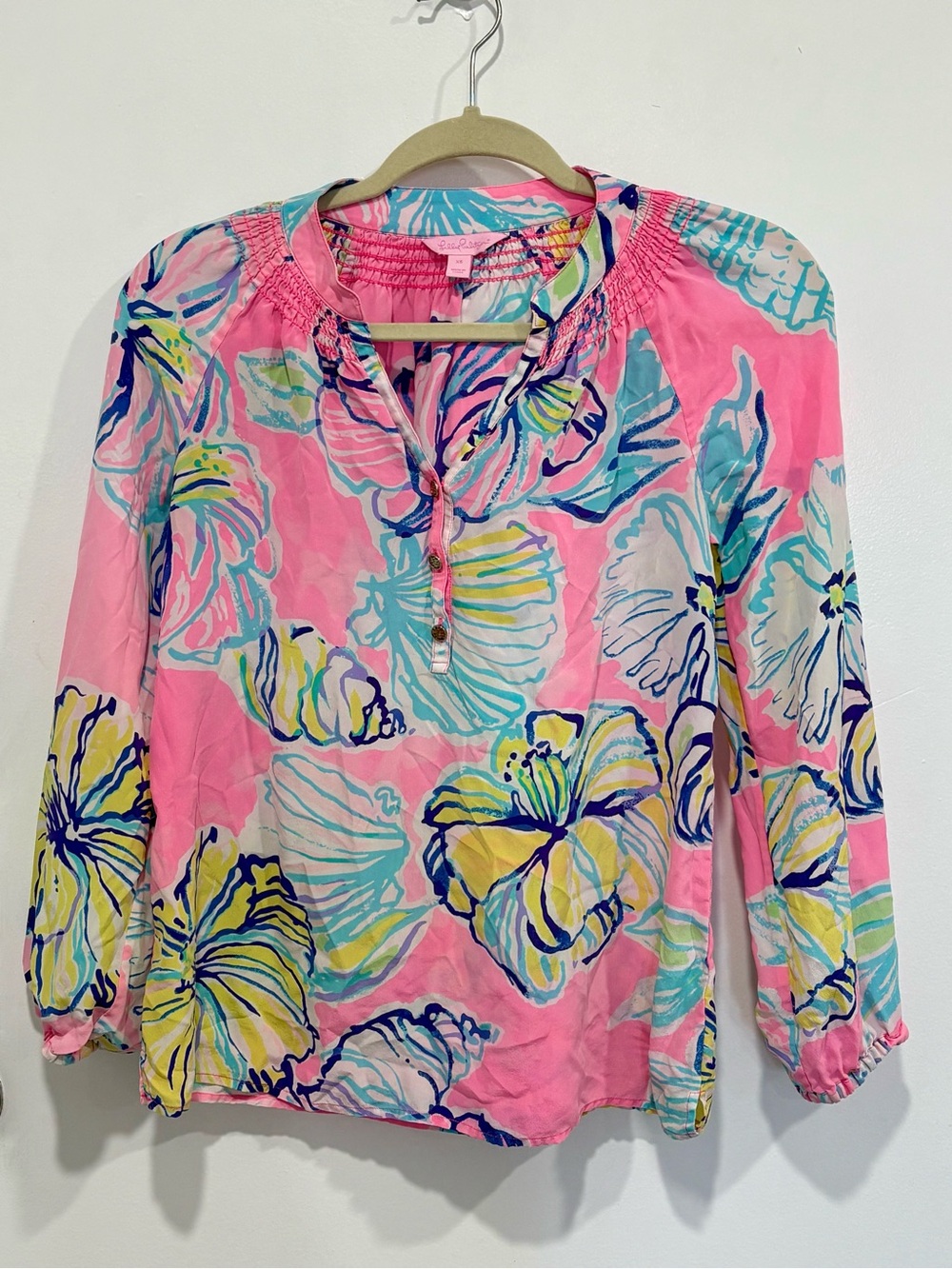 Lilly Pulitzer Women's XS Floral Blouse 100% Silk Long Sleeves